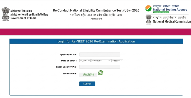Re-NEET 2026 Admit Card Login Page at neet.nta.nic.in — NTA Official