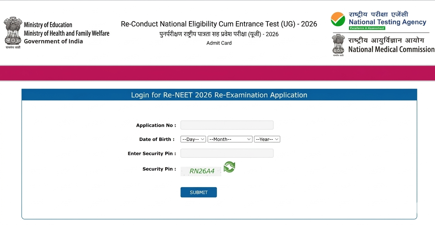 Re-NEET 2026 Admit Card Login Page at neet.nta.nic.in — NTA Official